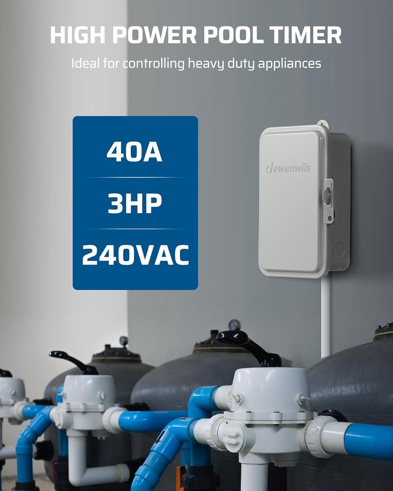 DEWENWILS مؤقت مضخة حمام السباحة الرقمية الخارجية، 3HP 40A 240VAC، مفتاح مؤقت قابل للبرمجة لمدة 7 أيام 12 تشغيل/إيقاف لمضخة حمام السباحة، سخان المياه، فلتر حمام السباحة، أضواء المناظر الطبيعية، مدرج في ETL - Image 2